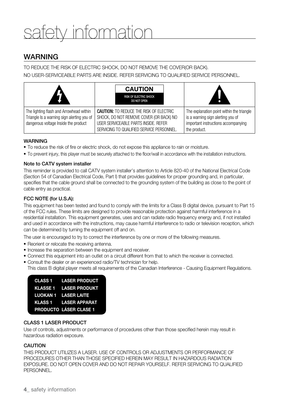 Safety information, Warning | Samsung BD-P2500 User Manual | Page 4 / 73