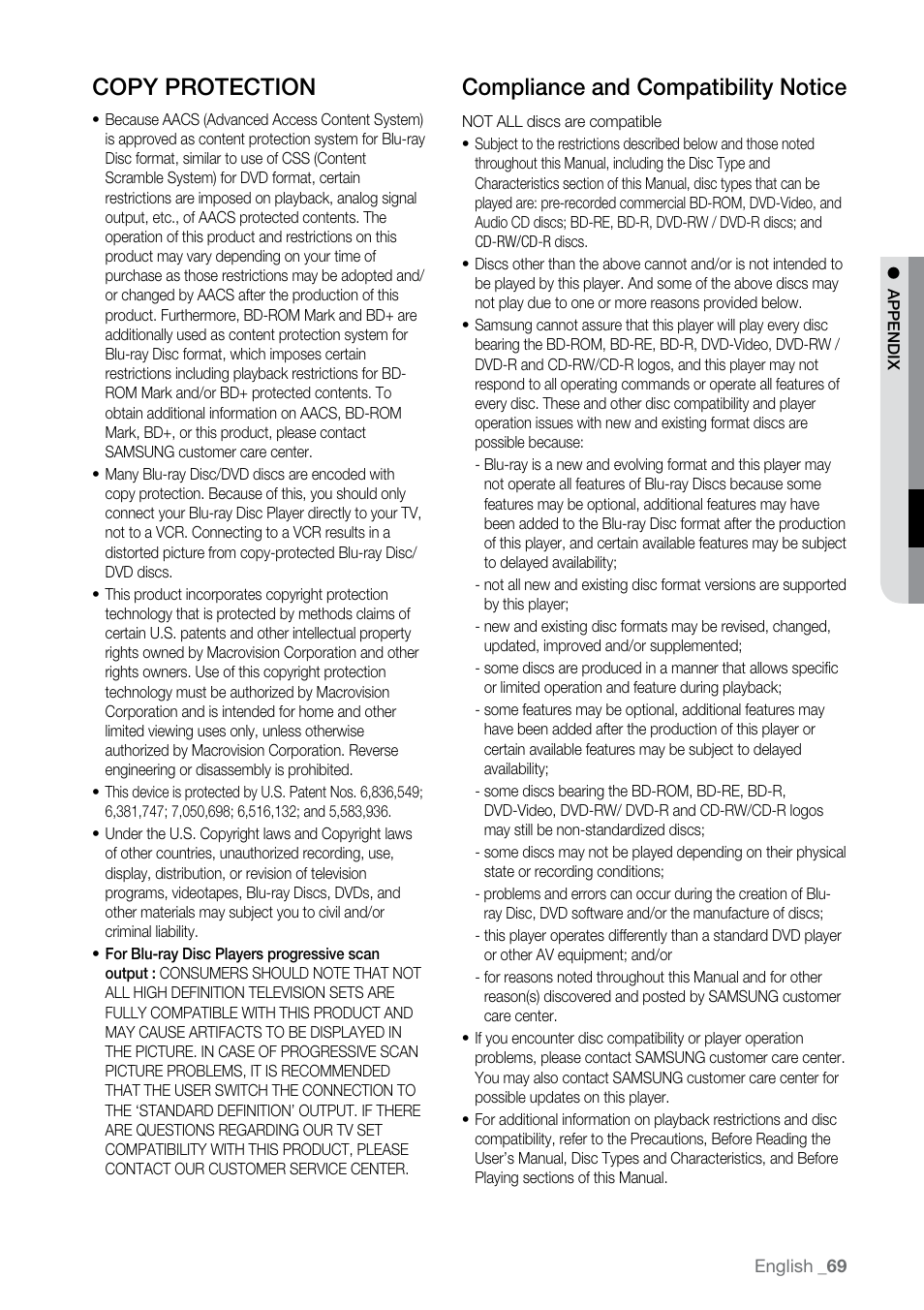 Copy protection, Compliance and compatibility notice | Samsung BD-P2500 User Manual | Page 69 / 73