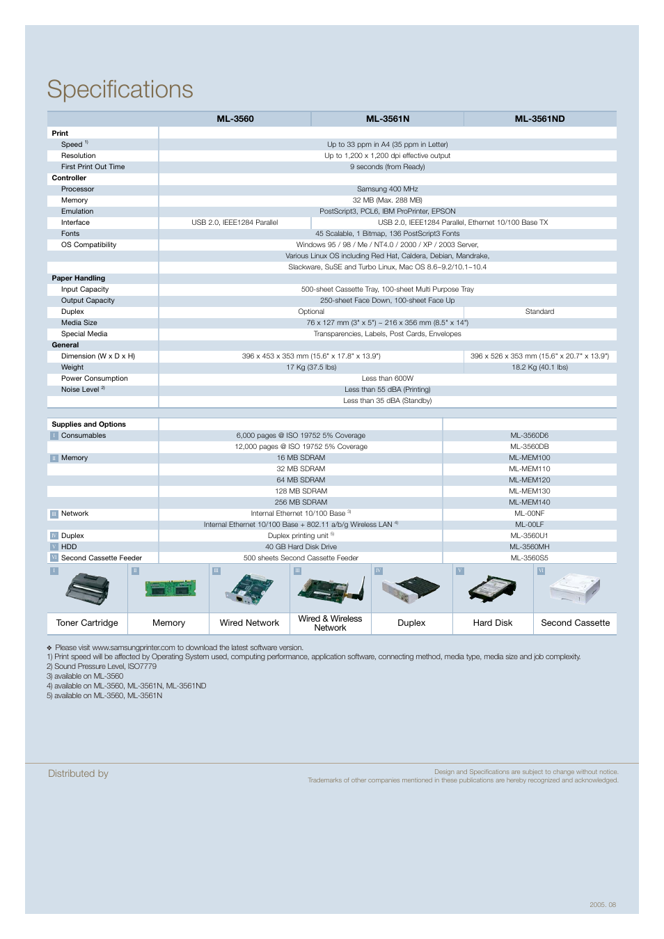 Specifications, Distributed by | Samsung ML-3561N User Manual | Page 2 / 6