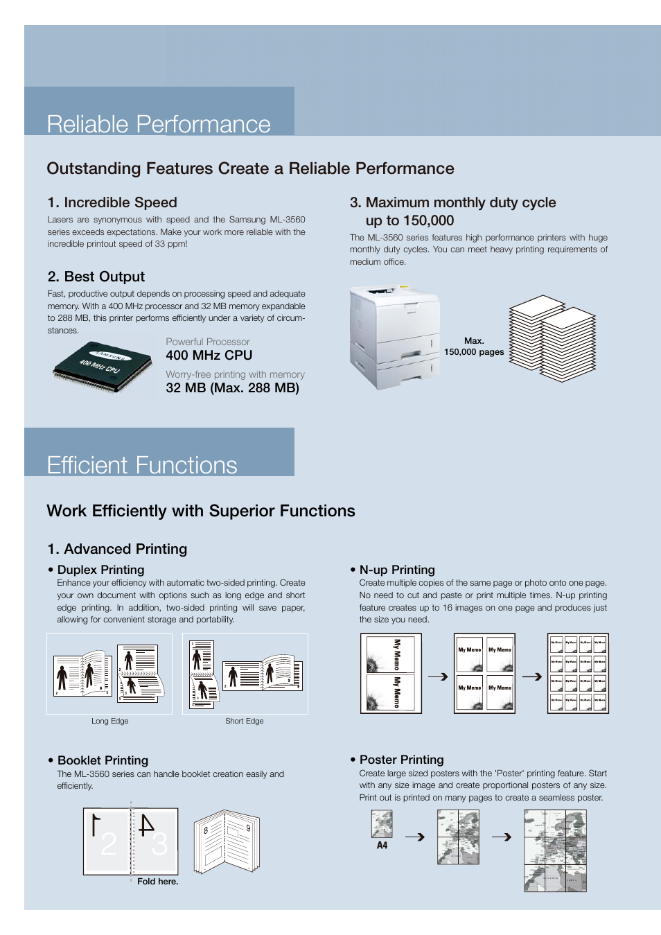 Efficient functions reliable performance, Outstanding features create a reliable performance, Work efficiently with superior functions | Incredible speed, Advanced printing, Best output, 400 mhz cpu, Duplex printing, N-up printing, Poster printing | Samsung ML-3561N User Manual | Page 4 / 6