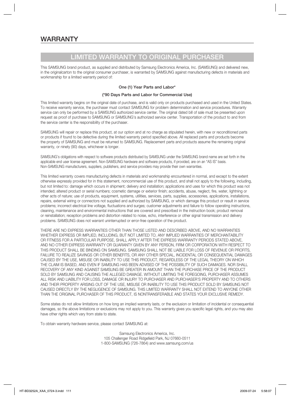 Warranty limited warranty to original purchaser | Samsung AH68-02231A User Manual | Page 101 / 103