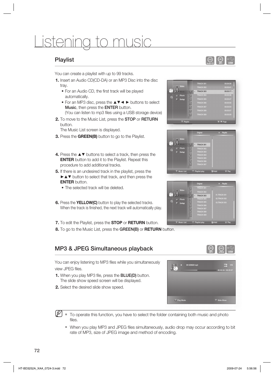 Listening to music, Playlist, Mp3 & jpeg simultaneous playback | Samsung AH68-02231A User Manual | Page 72 / 103