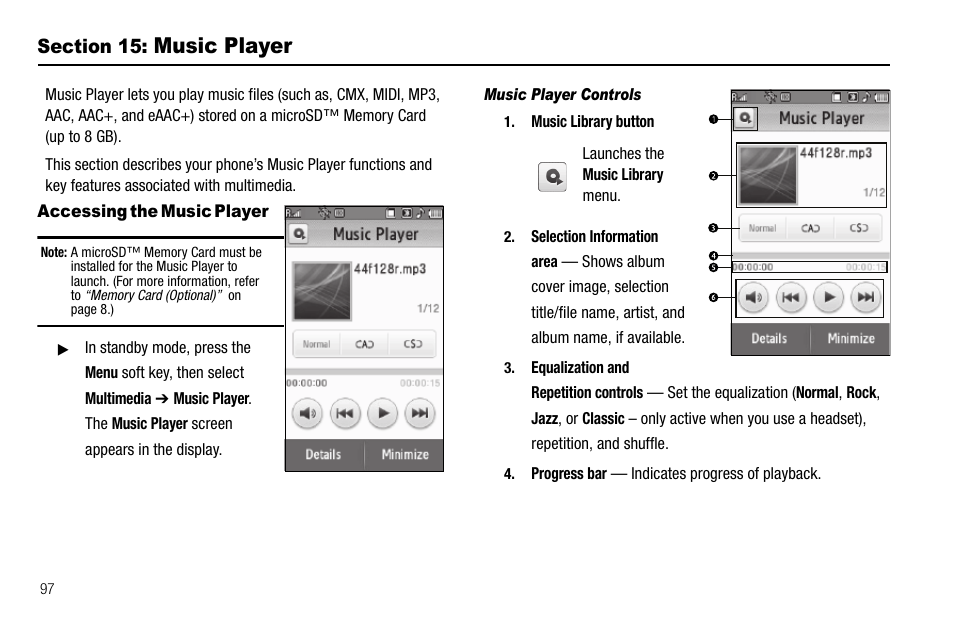 Section 15: music player, Accessing the music player, Music player controls | Section 14: music player, Music player | Samsung Delve SCH-R800 User Manual | Page 100 / 180