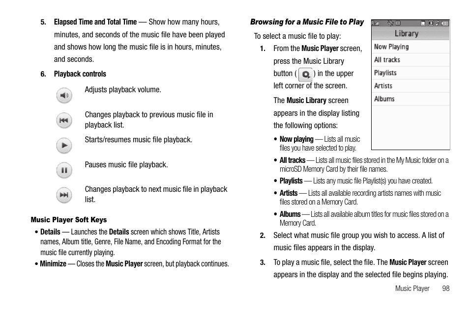 Music player soft keys, Browsing for a music file to play | Samsung Delve SCH-R800 User Manual | Page 101 / 180