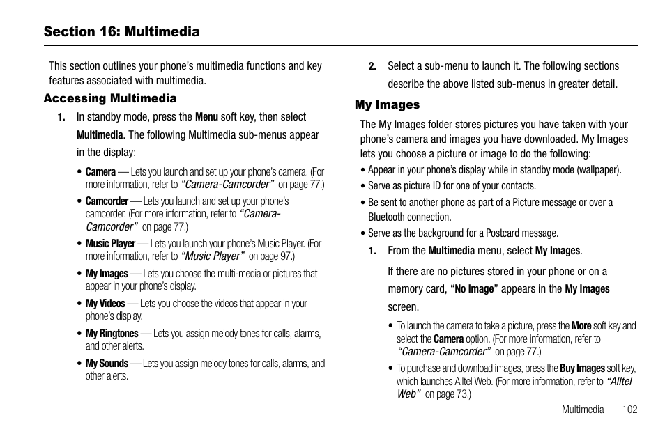 Section 16: multimedia, Accessing multimedia, My images | Section 15: multimedia, Accessing multimedia my images | Samsung Delve SCH-R800 User Manual | Page 105 / 180