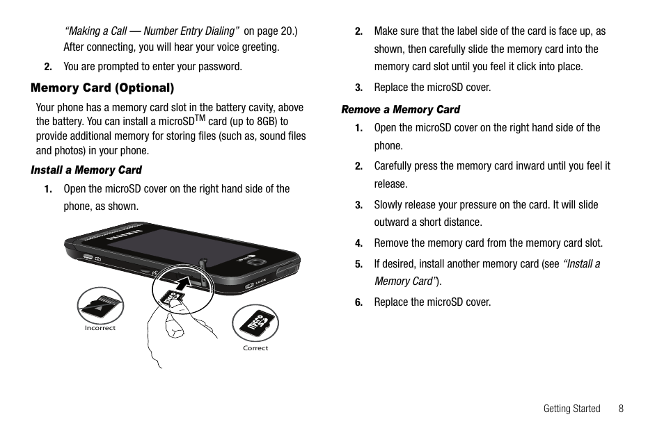 Memory card (optional), Install a memory card, Remove a memory card | Samsung Delve SCH-R800 User Manual | Page 11 / 180