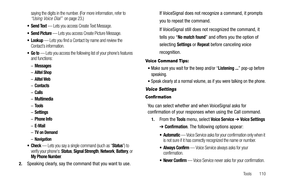 Voice command tips, Voice settings, Confirmation | Samsung Delve SCH-R800 User Manual | Page 113 / 180