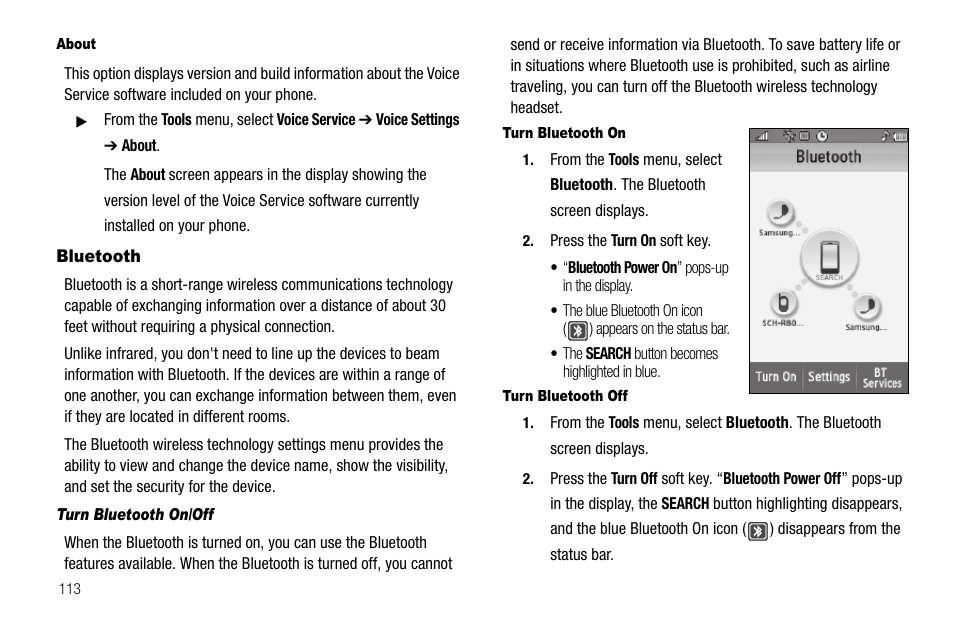 About, Bluetooth, Turn bluetooth on/off | Turn bluetooth on, Turn bluetooth off, Ing off the bluetooth connection, see | Samsung Delve SCH-R800 User Manual | Page 116 / 180