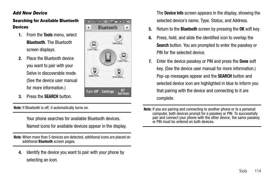 Add new device, Searching for available bluetooth devices | Samsung Delve SCH-R800 User Manual | Page 117 / 180