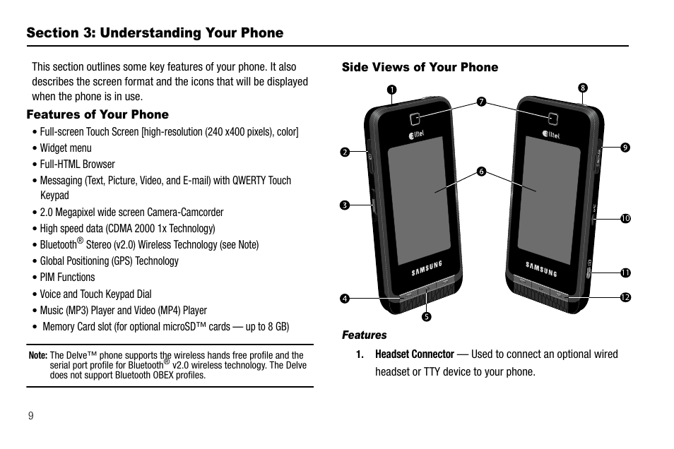 Section 3: understanding your phone, Features of your phone, Side views of your phone | Features, Section 2: understanding your phone, Features of your phone side views of your phone | Samsung Delve SCH-R800 User Manual | Page 12 / 180