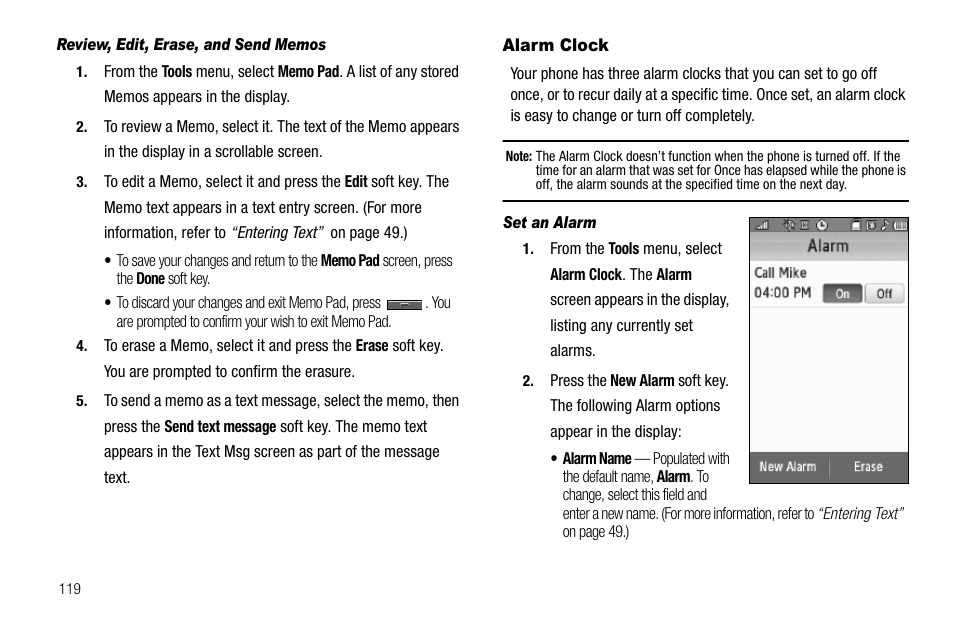 Review, edit, erase, and send memos, Alarm clock, Set an alarm | Samsung Delve SCH-R800 User Manual | Page 122 / 180
