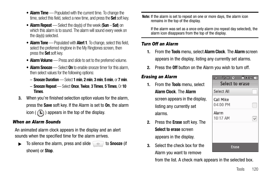 When an alarm sounds, Turn off an alarm, Erasing an alarm | Samsung Delve SCH-R800 User Manual | Page 123 / 180