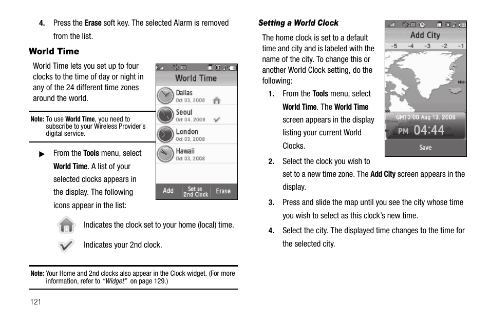 World time, Setting a world clock | Samsung Delve SCH-R800 User Manual | Page 124 / 180