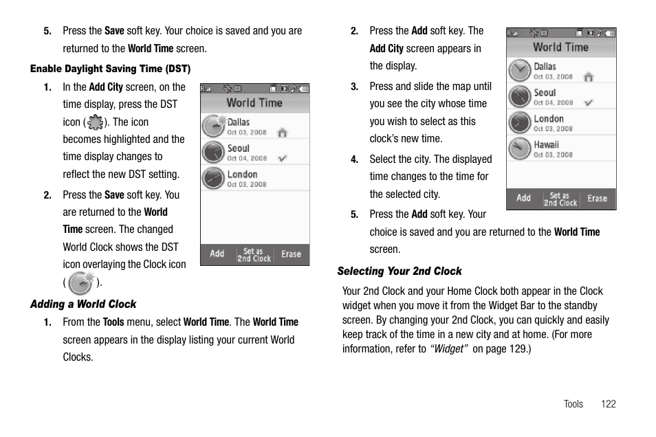 Enable daylight saving time (dst), Adding a world clock, Selecting your 2nd clock | Samsung Delve SCH-R800 User Manual | Page 125 / 180