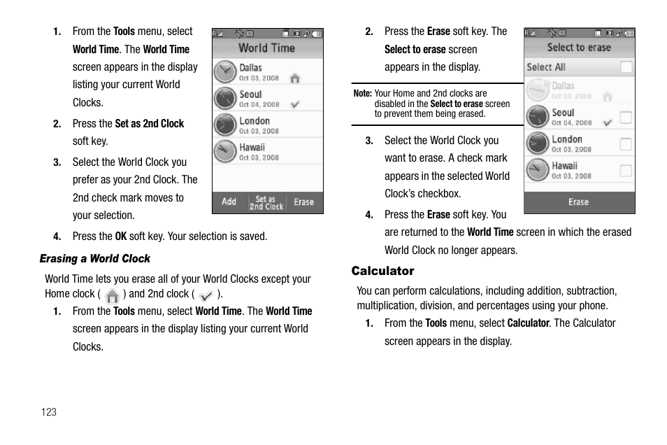 Erasing a world clock, Calculator | Samsung Delve SCH-R800 User Manual | Page 126 / 180