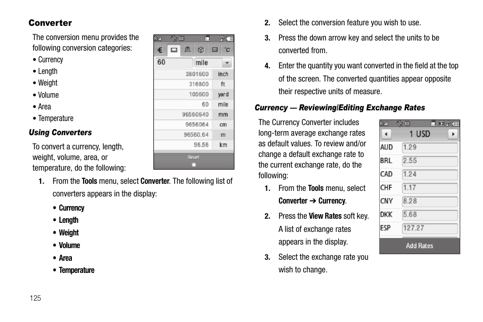 Converter, Using converters, Currency — reviewing/editing exchange rates | Samsung Delve SCH-R800 User Manual | Page 128 / 180