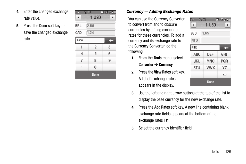 Currency — adding exchange rates | Samsung Delve SCH-R800 User Manual | Page 129 / 180