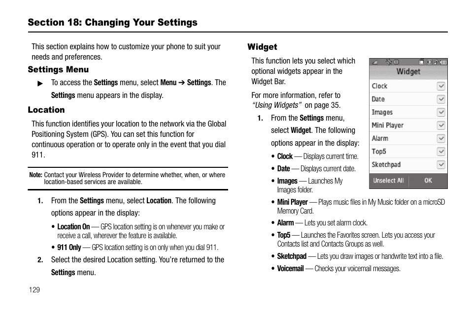 Section 18: changing your settings, Settings menu, Location | Widget, Section 17: changing your settings, Settings menu location widget | Samsung Delve SCH-R800 User Manual | Page 132 / 180