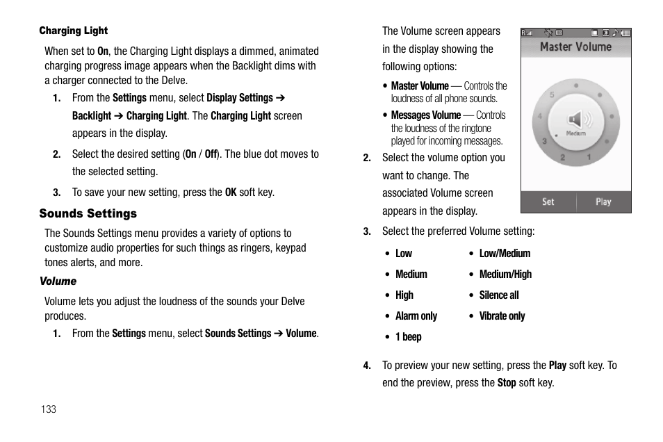 Charging light, Sounds settings, Volume | Samsung Delve SCH-R800 User Manual | Page 136 / 180