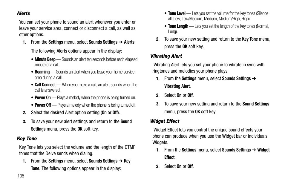 Alerts, Key tone, Vibrating alert | Widget effect | Samsung Delve SCH-R800 User Manual | Page 138 / 180