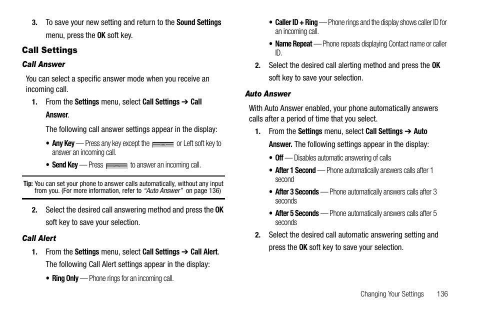 Call settings, Call answer, Call alert | Auto answer | Samsung Delve SCH-R800 User Manual | Page 139 / 180
