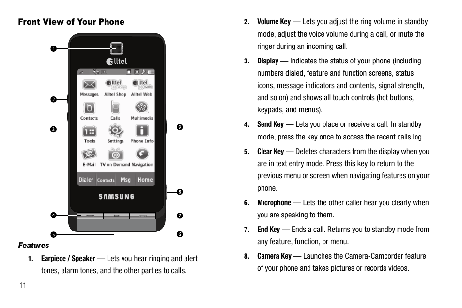 Front view of your phone, Features | Samsung Delve SCH-R800 User Manual | Page 14 / 180