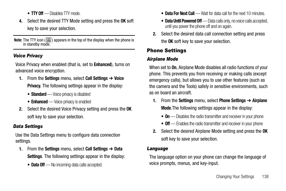 Voice privacy, Data settings, Phone settings | Airplane mode, Language | Samsung Delve SCH-R800 User Manual | Page 141 / 180