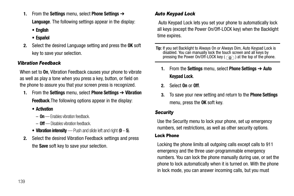 Vibration feedback, Auto keypad lock, Security | Lock phone | Samsung Delve SCH-R800 User Manual | Page 142 / 180