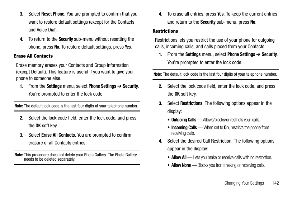 Erase all contacts, Restrictions | Samsung Delve SCH-R800 User Manual | Page 145 / 180