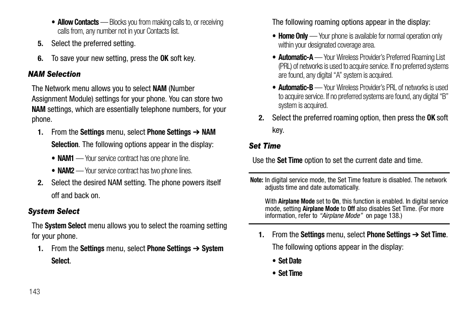 Nam selection, System select, Set time | Samsung Delve SCH-R800 User Manual | Page 146 / 180