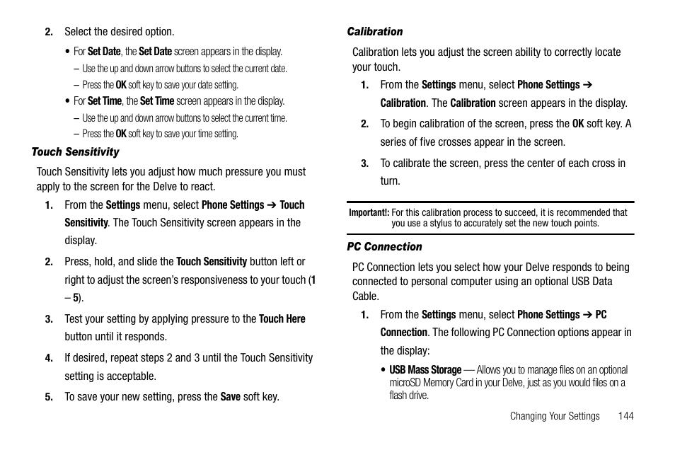 Touch sensitivity, Calibration, Pc connection | Samsung Delve SCH-R800 User Manual | Page 147 / 180