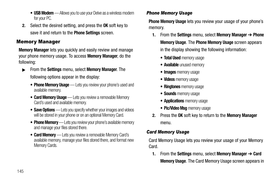 Memory manager, Phone memory usage, Card memory usage | Samsung Delve SCH-R800 User Manual | Page 148 / 180