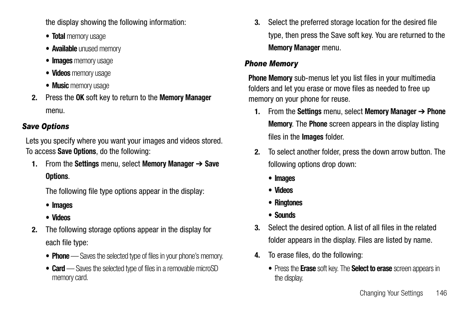 Save options, Phone memory | Samsung Delve SCH-R800 User Manual | Page 149 / 180
