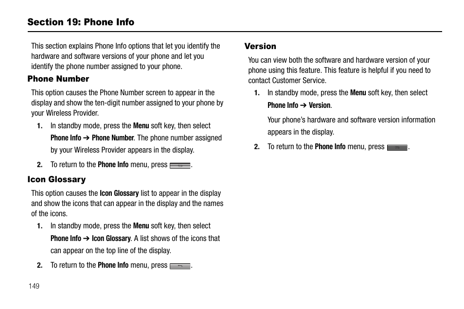Section 19: phone info, Phone number, Icon glossary | Version, Section 18: phone info, Phone number icon glossary version | Samsung Delve SCH-R800 User Manual | Page 152 / 180