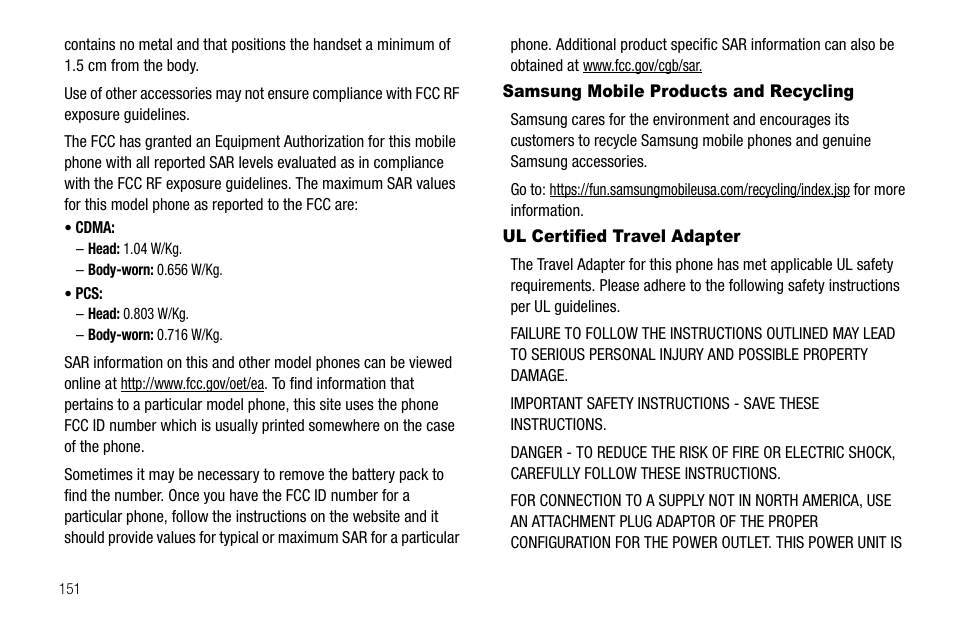 Samsung mobile products and recycling, Ul certified travel adapter | Samsung Delve SCH-R800 User Manual | Page 154 / 180