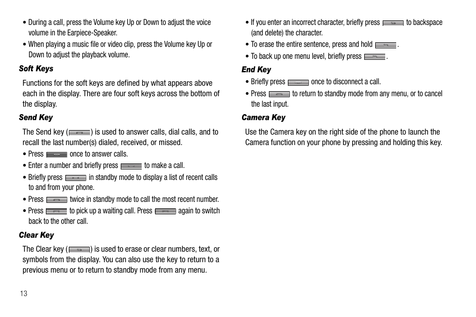 Soft keys, Send key, Clear key | End key, Camera key | Samsung Delve SCH-R800 User Manual | Page 16 / 180
