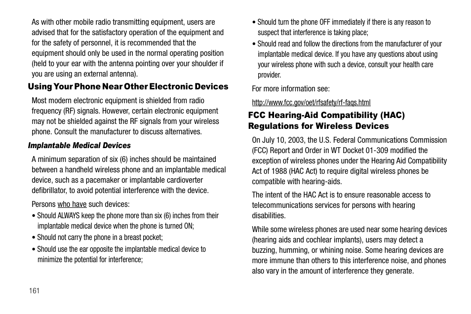 Using your phone near other electronic devices, Implantable medical devices, Wireless devices | Samsung Delve SCH-R800 User Manual | Page 164 / 180