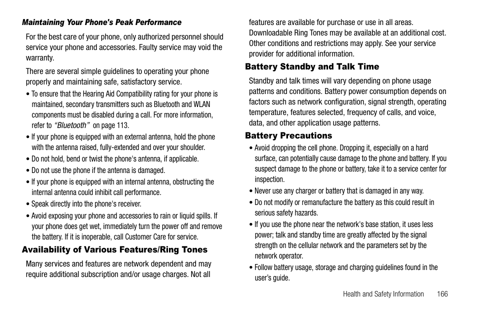 Maintaining your phone's peak performance, Availability of various features/ring tones, Battery standby and talk time | Battery precautions | Samsung Delve SCH-R800 User Manual | Page 169 / 180