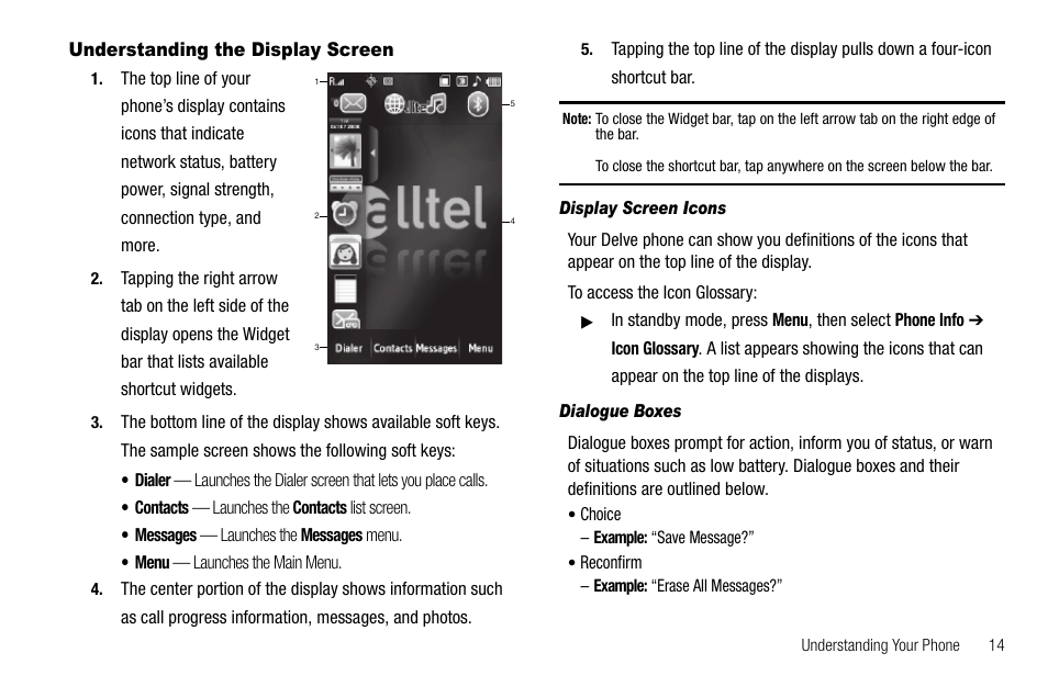 Understanding the display screen, Display screen icons, Dialogue boxes | Samsung Delve SCH-R800 User Manual | Page 17 / 180