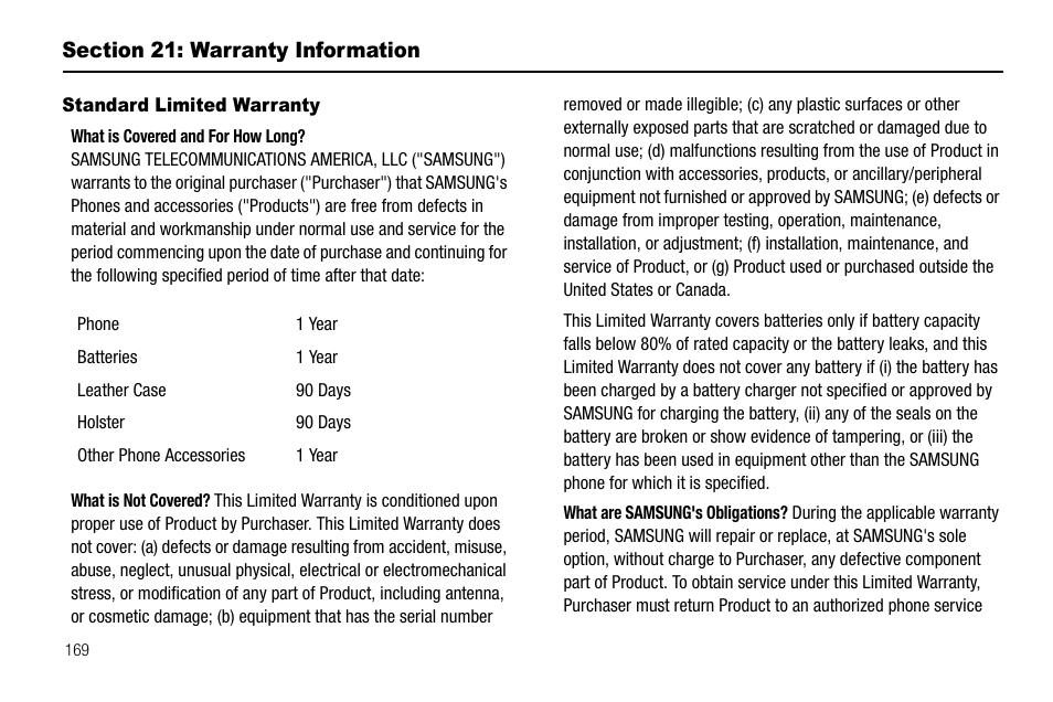 Section 21: warranty information, Standard limited warranty, Section 20: warranty information | Samsung Delve SCH-R800 User Manual | Page 172 / 180