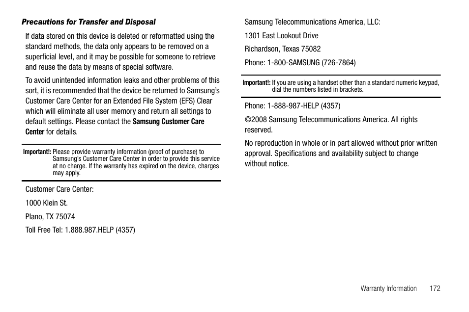 Precautions for transfer and disposal | Samsung Delve SCH-R800 User Manual | Page 175 / 180