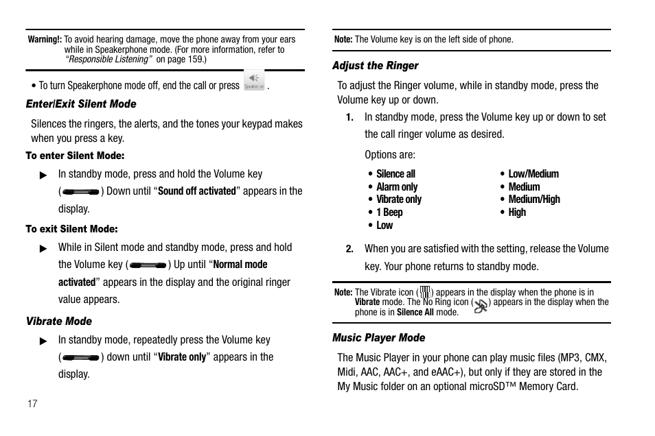 Enter/exit silent mode, To enter silent mode, To exit silent mode | Vibrate mode, Adjust the ringer, Music player mode | Samsung Delve SCH-R800 User Manual | Page 20 / 180