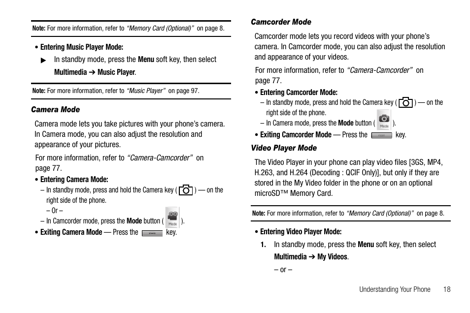 Camera mode, Camcorder mode, Video player mode | Samsung Delve SCH-R800 User Manual | Page 21 / 180