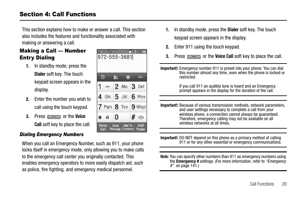 Section 4: call functions, Making a call — number entry dialing, Dialing emergency numbers | Section 3: call functions, Il. (for more information, refer to, N mobile number and press | Samsung Delve SCH-R800 User Manual | Page 23 / 180