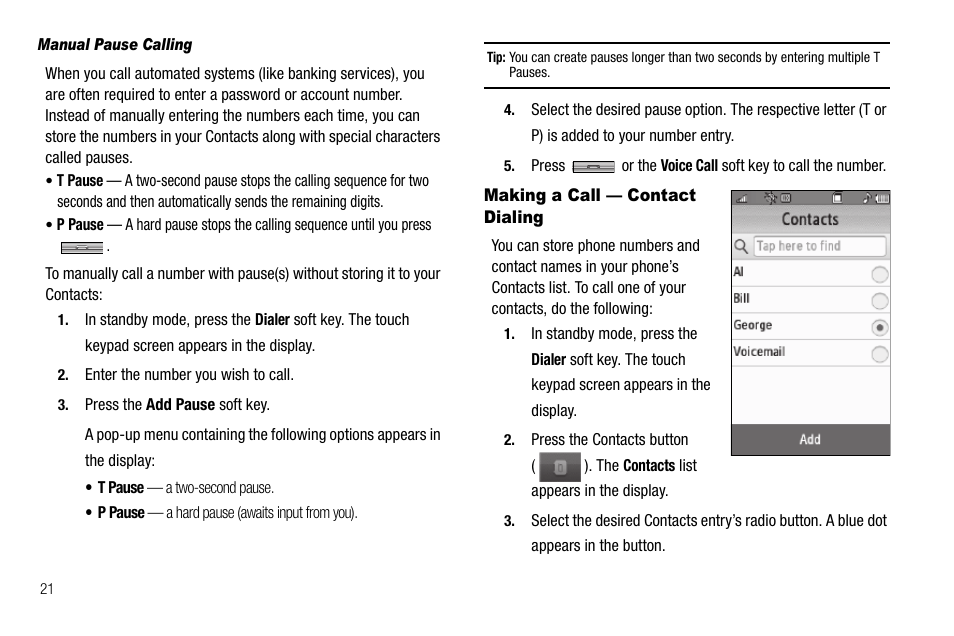 Manual pause calling, Making a call — contact dialing | Samsung Delve SCH-R800 User Manual | Page 24 / 180