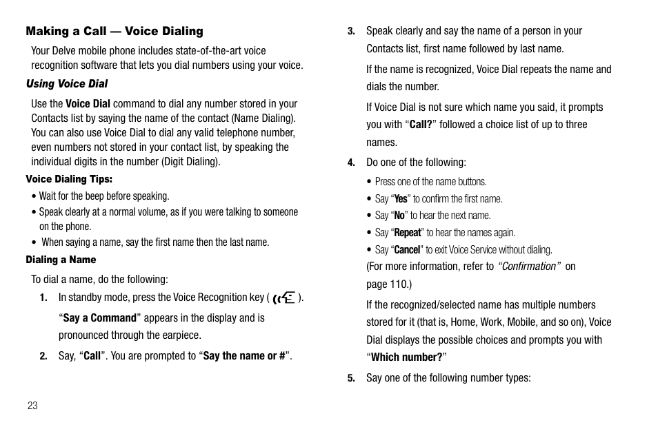 Making a call — voice dialing, Using voice dial, Voice dialing tips | Dialing a name | Samsung Delve SCH-R800 User Manual | Page 26 / 180