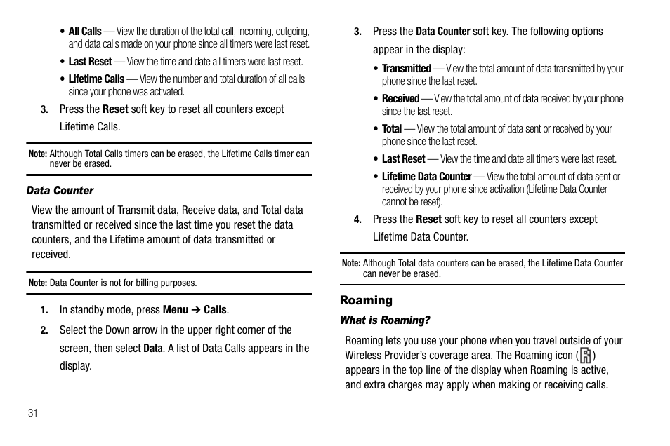 Data counter, Roaming, What is roaming | Samsung Delve SCH-R800 User Manual | Page 34 / 180