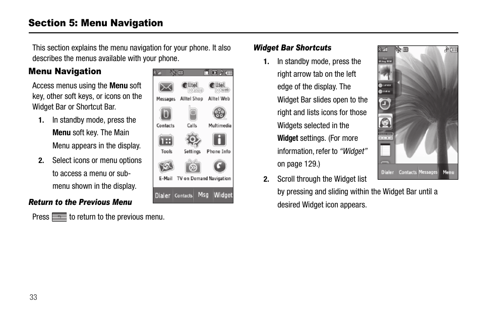 Section 5: menu navigation, Menu navigation, Return to the previous menu | Widget bar shortcuts, Section 4: menu navigation | Samsung Delve SCH-R800 User Manual | Page 36 / 180