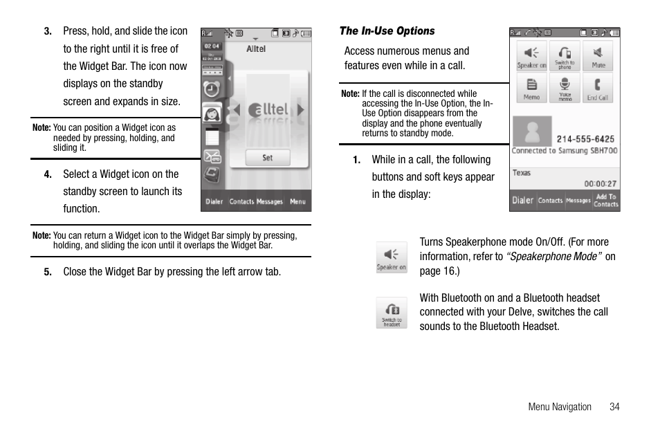 The in-use options | Samsung Delve SCH-R800 User Manual | Page 37 / 180