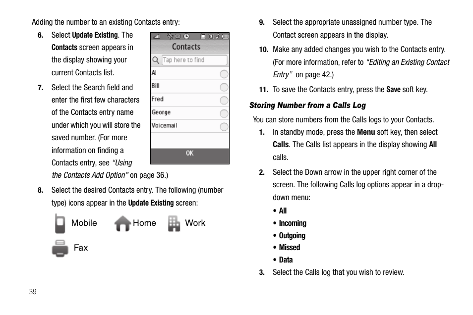 Storing number from a calls log | Samsung Delve SCH-R800 User Manual | Page 42 / 180